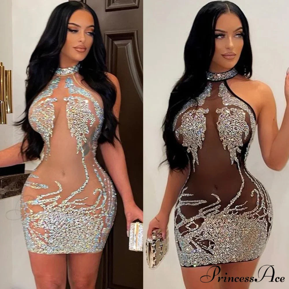 Sexy Mesh Rhinestone Short Prom Evening Mini Dress