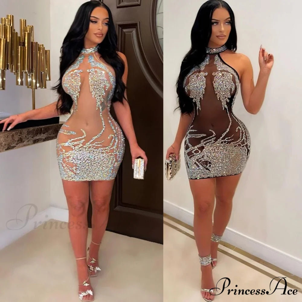 Sexy Mesh Rhinestone Short Prom Evening Mini Dress