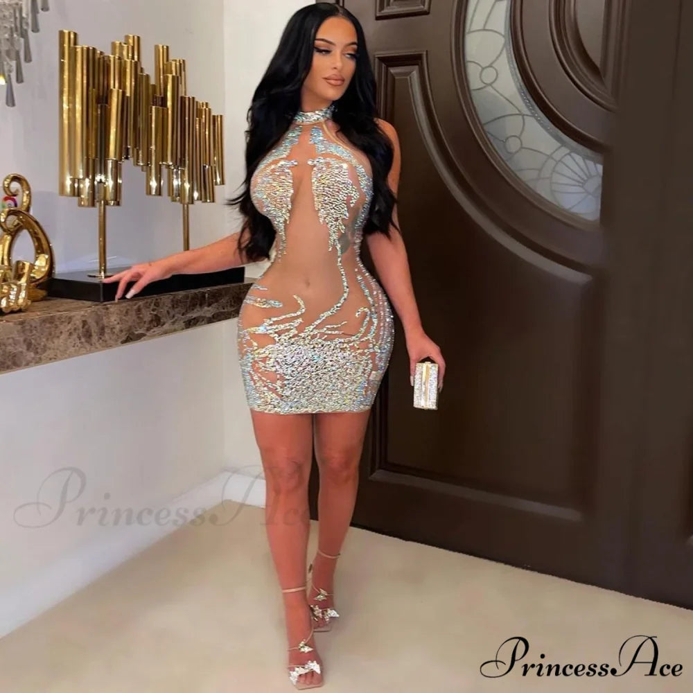 Sexy Mesh Rhinestone Short Prom Evening Mini Dress