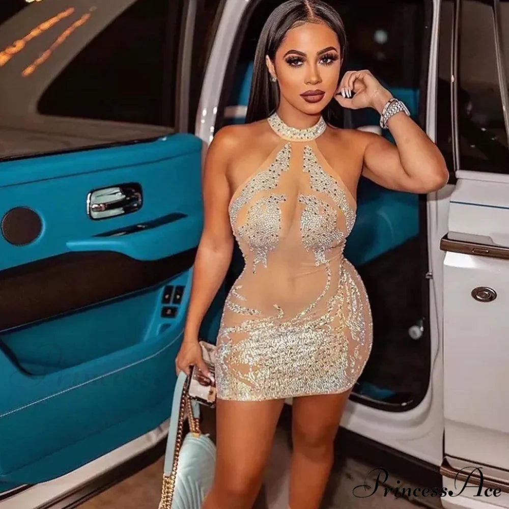 Sexy Mesh Rhinestone Short Prom Evening Mini Dress