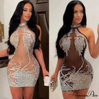 Sexy Mesh Rhinestone Short Prom Evening Mini Dress