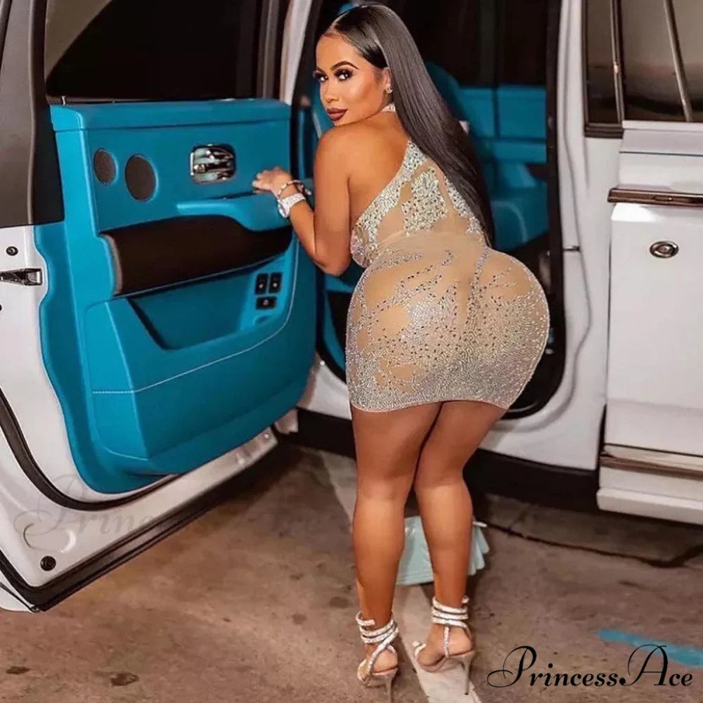 Sexy Mesh Rhinestone Short Prom Evening Mini Dress