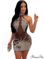 Sexy Mesh Rhinestone Short Prom Evening Mini Dress