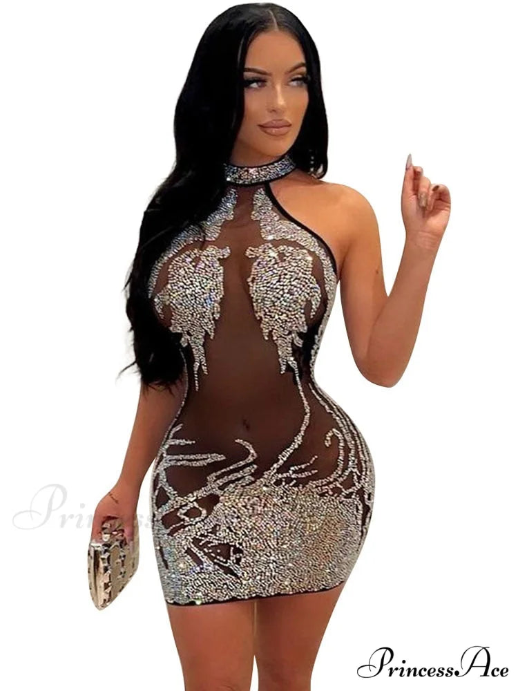 Sexy Mesh Rhinestone Short Prom Evening Mini Dress