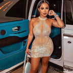 Sexy Mesh Rhinestone Short Prom Evening Mini Dress