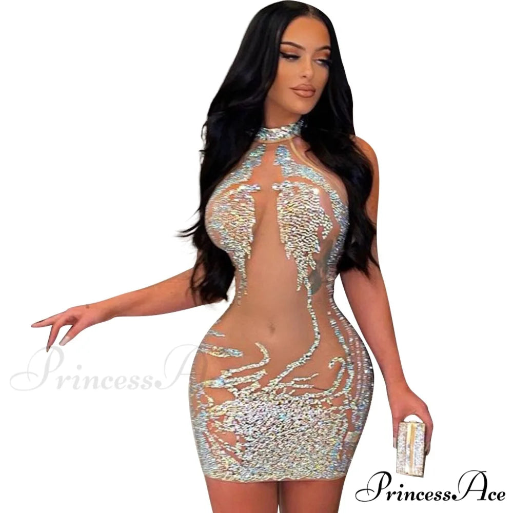 Sexy Mesh Rhinestone Short Prom Evening Mini Dress