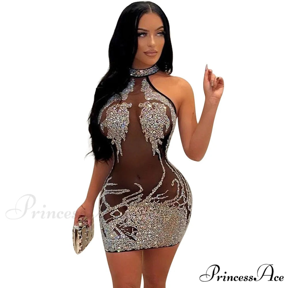 Sexy Mesh Rhinestone Short Prom Evening Mini Dress