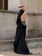 Sexy O Neck One Shoulder Backless Chain Black Long Evening Christmas Party Dress