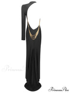 Sexy O Neck One Shoulder Backless Chain Black Long Evening Christmas Party Dress