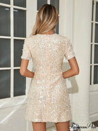 Sexy O Neck Short Sleeve Shiny Sequins Beaded Mini Elegant Christmas Party Dress