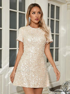 Sexy O Neck Short Sleeve Shiny Sequins Beaded Mini Elegant Christmas Party Dress