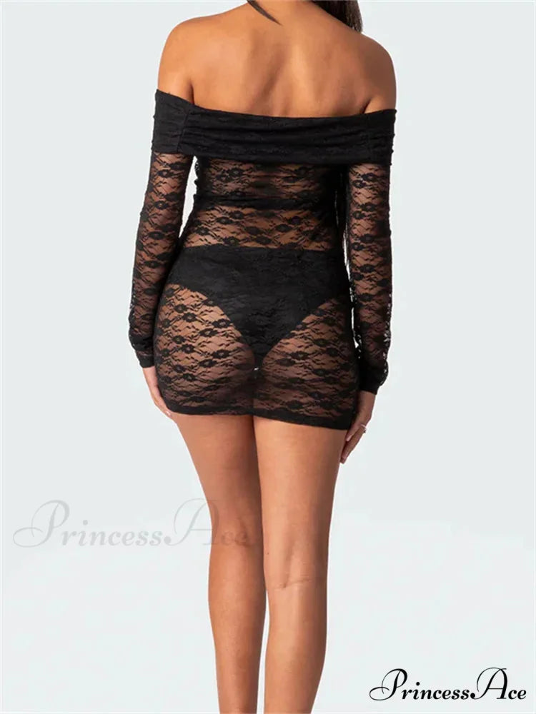 Sexy Off Shoulder Lace Fashion Long Sleeve Mini Dress