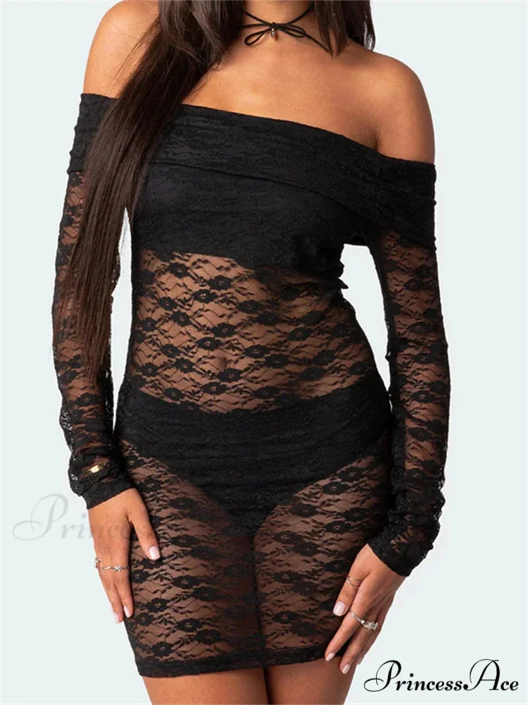 Sexy Off Shoulder Lace Fashion Long Sleeve Mini Dress