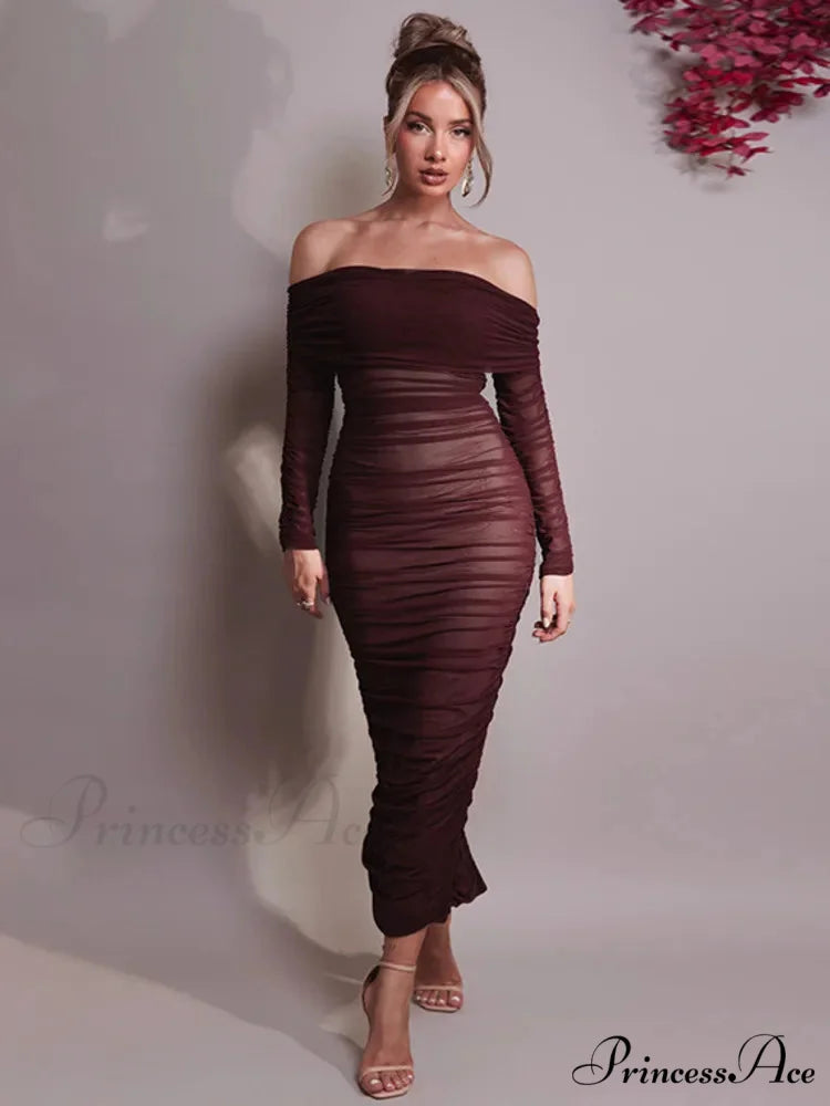 Sexy Off Shoulder Long Sleeve Backless Ruched Red Christmas Party Dress