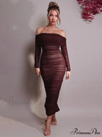 Sexy Off Shoulder Long Sleeve Backless Ruched Red Christmas Party Dress