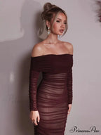 Sexy Off Shoulder Long Sleeve Backless Ruched Red Christmas Party Dress