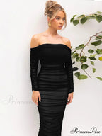 Sexy Off Shoulder Long Sleeve Backless Ruched Red Christmas Party Dress