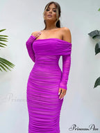 Sexy Off Shoulder Long Sleeve Backless Ruched Red Christmas Party Dress