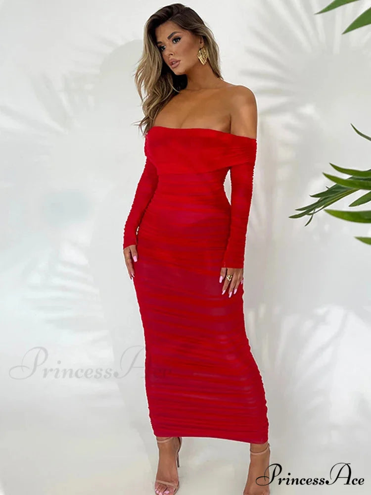 Sexy Off Shoulder Long Sleeve Backless Ruched Red Christmas Party Dress