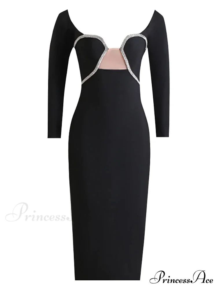 Sexy Off Shoulder Long Sleeve Diamonds Bandage Black Mesh Christmas Party Dress