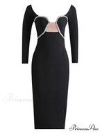 Sexy Off Shoulder Long Sleeve Diamonds Bandage Black Mesh Christmas Party Dress