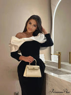 Sexy Off Shoulder Long Sleeves Bandage Black Detachable Pleated Christmas Party Dress