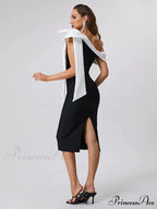 Sexy One Shoulder Bow Tie Midi Bandage Dress Black White Christmas Party Dress