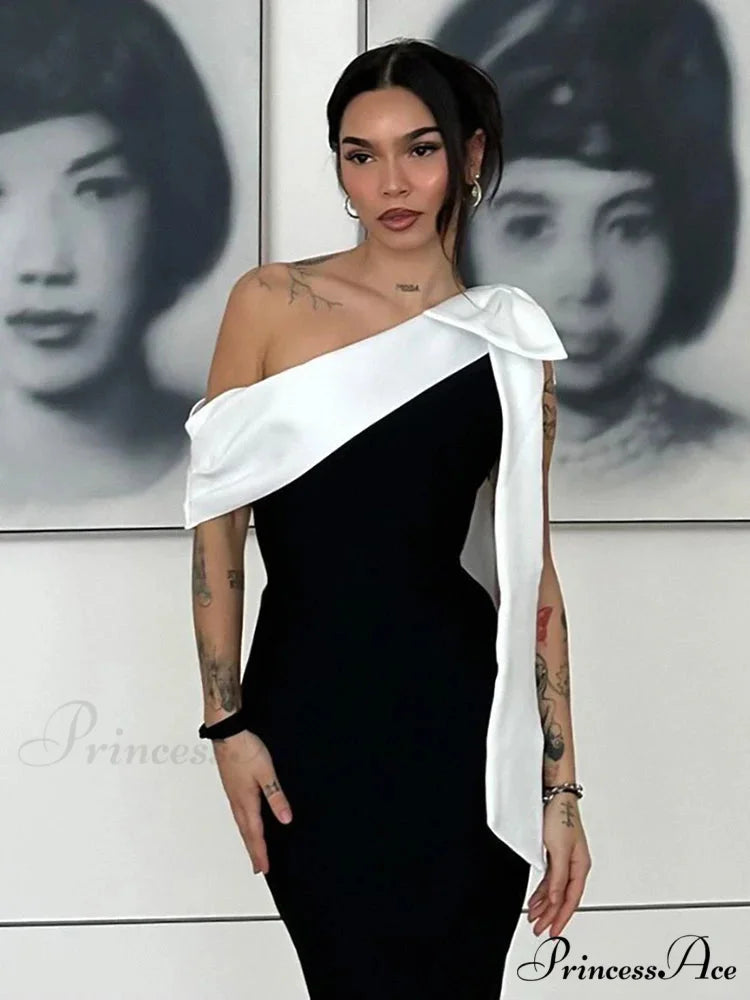 Sexy One Shoulder Bow Tie Midi Bandage Dress Black White Christmas Party Dress