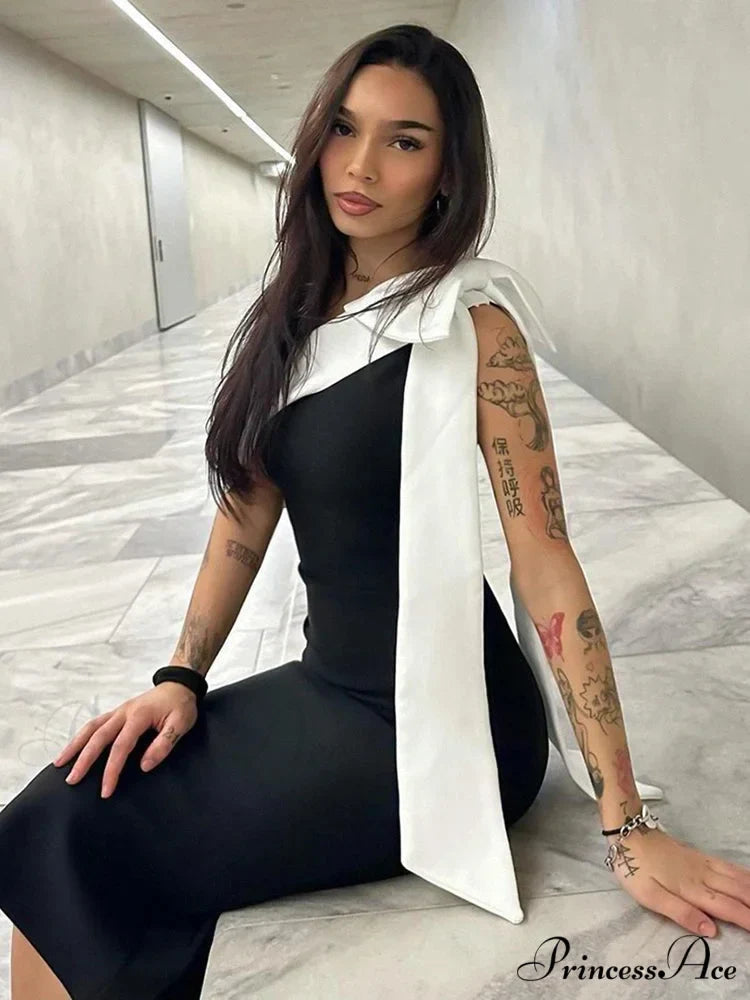 Sexy One Shoulder Bow Tie Midi Bandage Dress Black White Christmas Party Dress