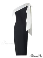 Sexy One Shoulder Bow Tie Midi Bandage Dress Black White Christmas Party Dress