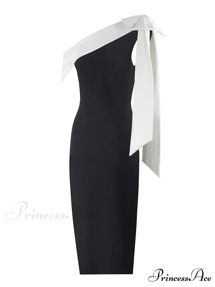Sexy One Shoulder Bow Tie Midi Bandage Dress Black White Christmas Party Dress