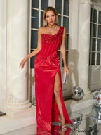 Sexy One Shoulder Embroidered Flares Slim Red Mesh Beaded Christmas Party Dress