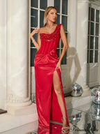 Sexy One Shoulder Embroidered Flares Slim Red Mesh Beaded Christmas Party Dress