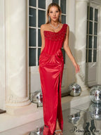 Sexy One Shoulder Embroidered Flares Slim Red Mesh Beaded Christmas Party Dress