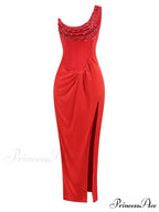 Sexy One Shoulder Embroidered Flares Slim Red Mesh Beaded Christmas Party Dress