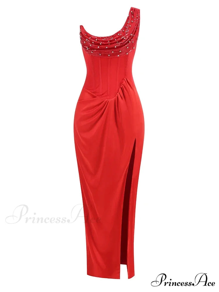 Sexy One Shoulder Embroidered Flares Slim Red Mesh Beaded Christmas Party Dress