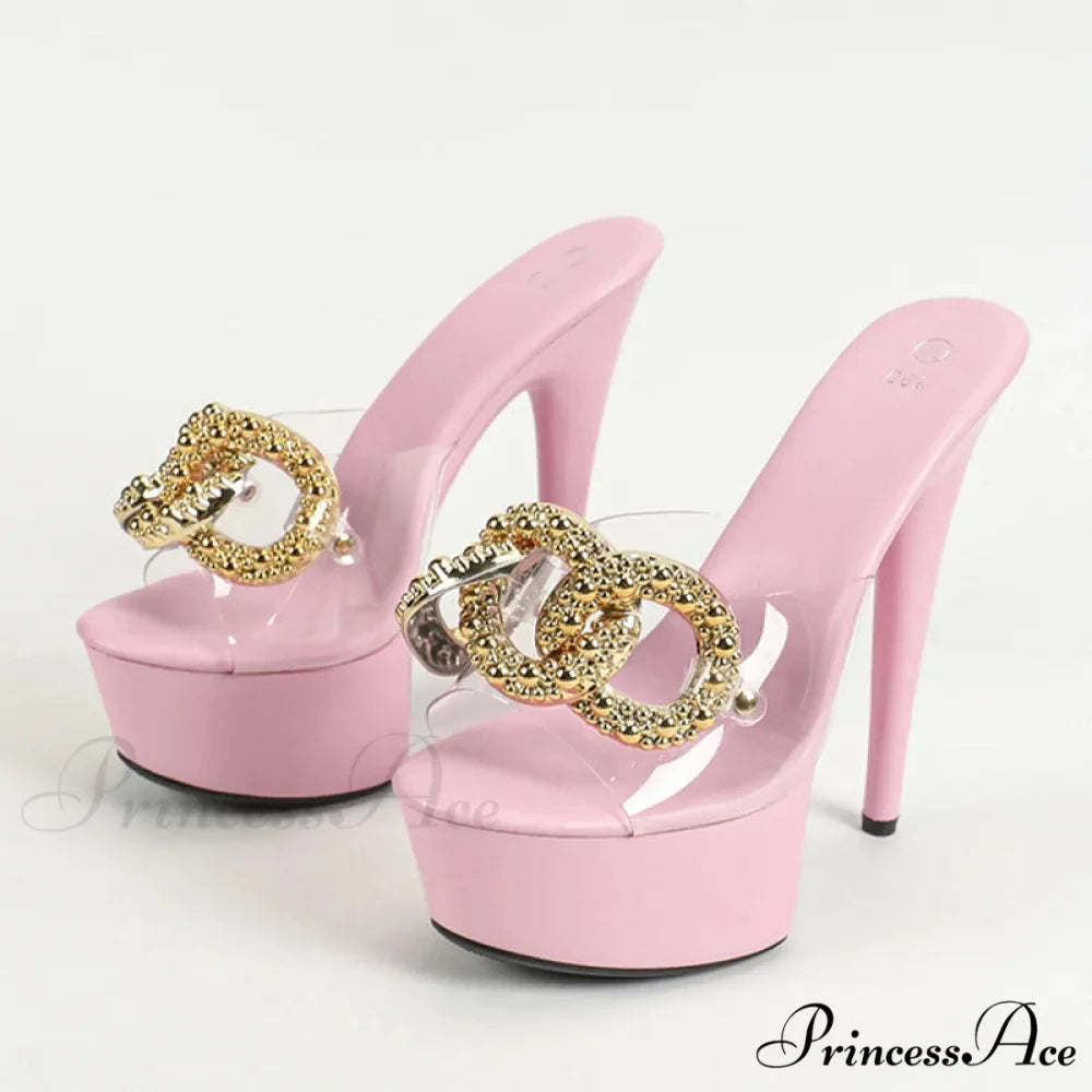Sexy Pink High Platform Slippers Metal Chain Transparent Party Stripper Chic High Heel
