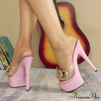 Sexy Pink High Platform Slippers Metal Chain Transparent Party Stripper Chic High Heel