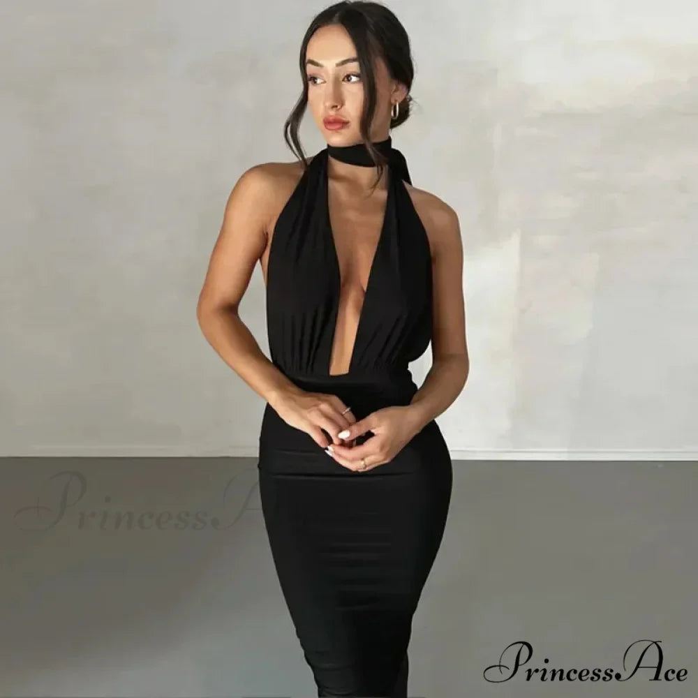 Sexy Plunge Deep V Neck Summer Club Party Sleeveless Ruched Slit Midi Dress