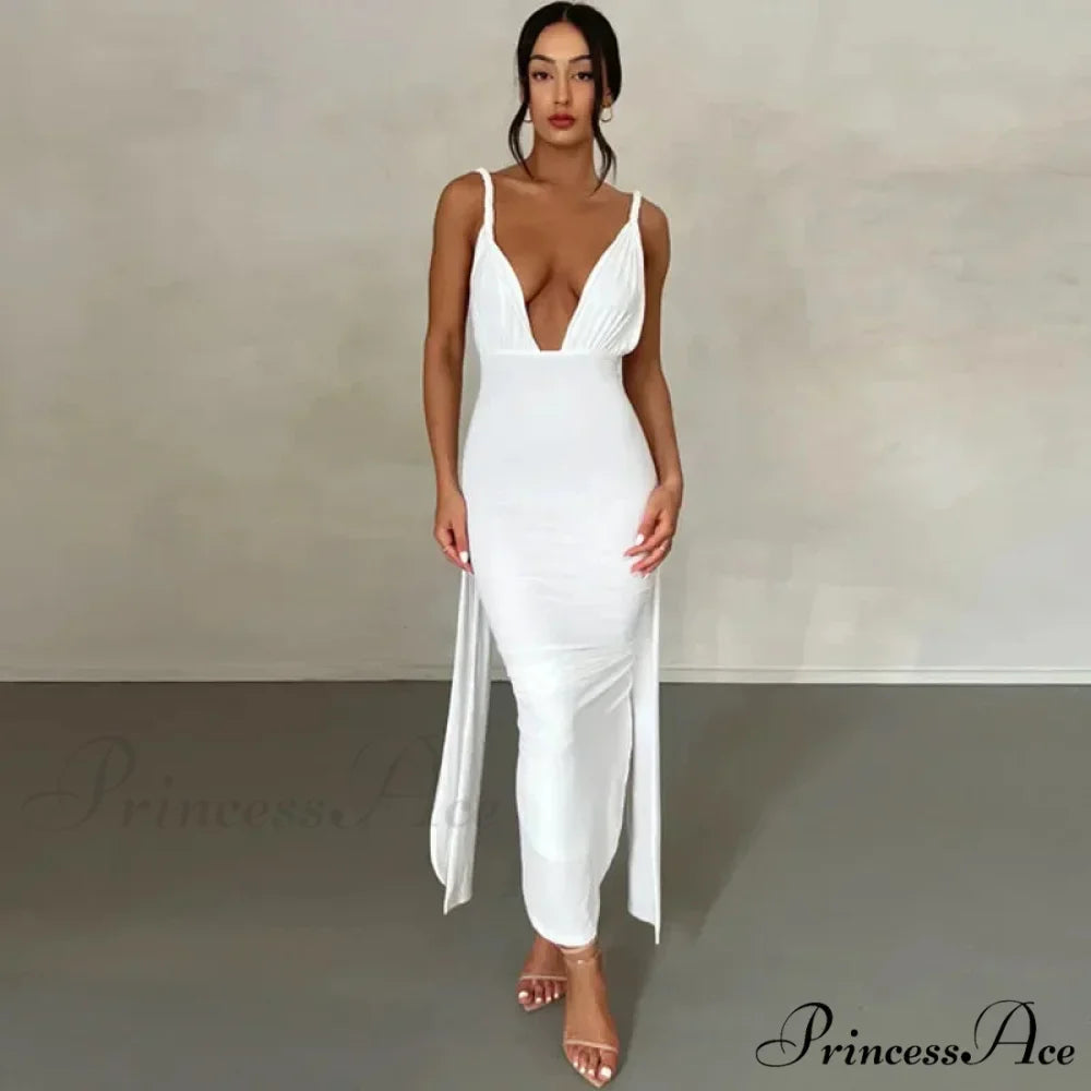 Sexy Plunge Deep V Neck Summer Club Party Sleeveless Ruched Slit Midi Dress
