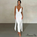 Sexy Plunge Deep V Neck Summer Club Party Sleeveless Ruched Slit Midi Dress
