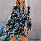 Sexy Printed Neck Tie Button Long Sleeve High Waist Dress