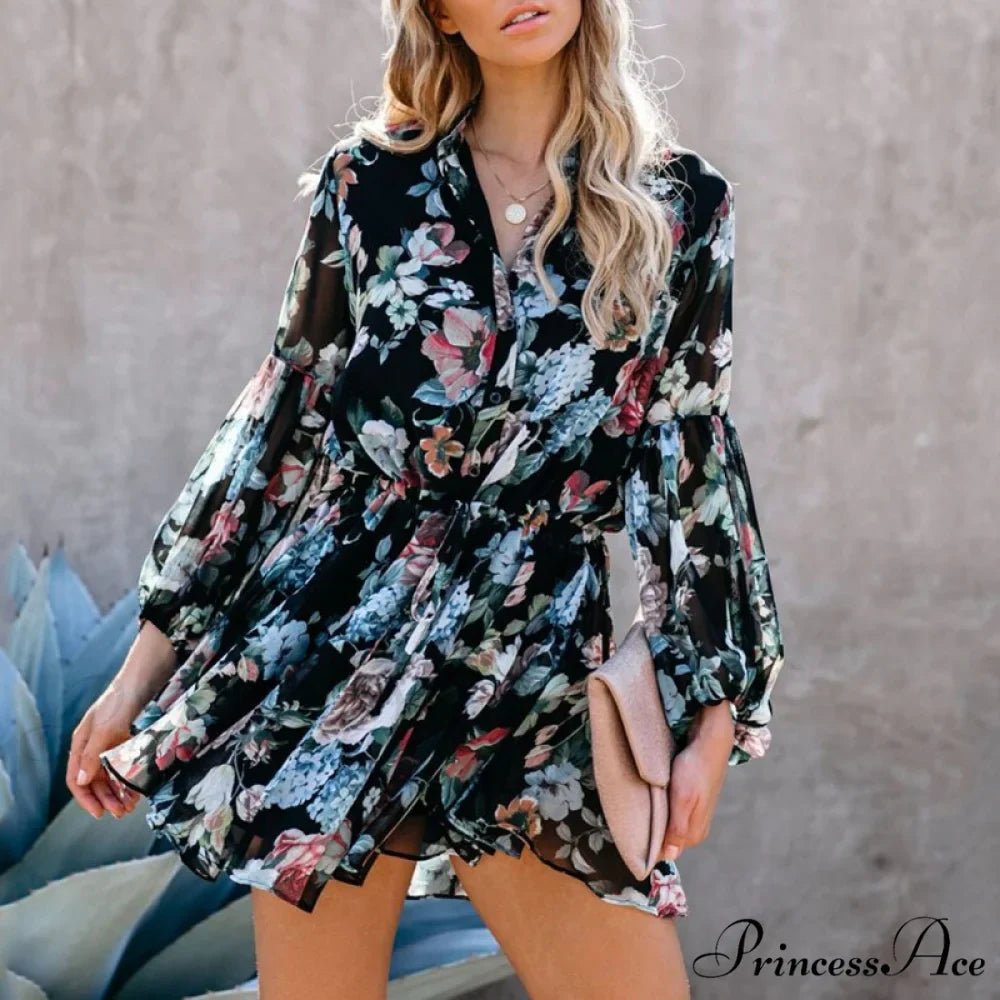 Sexy Printed Neck Tie Button Long Sleeve High Waist Dress