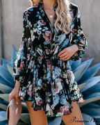 Sexy Printed Neck Tie Button Long Sleeve High Waist Dress