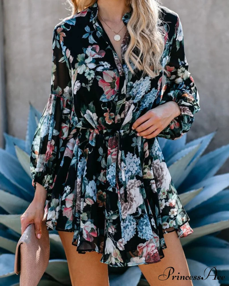 Sexy Printed Neck Tie Button Long Sleeve High Waist Dress