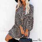 Sexy Printed Neck Tie Button Long Sleeve High Waist Dress