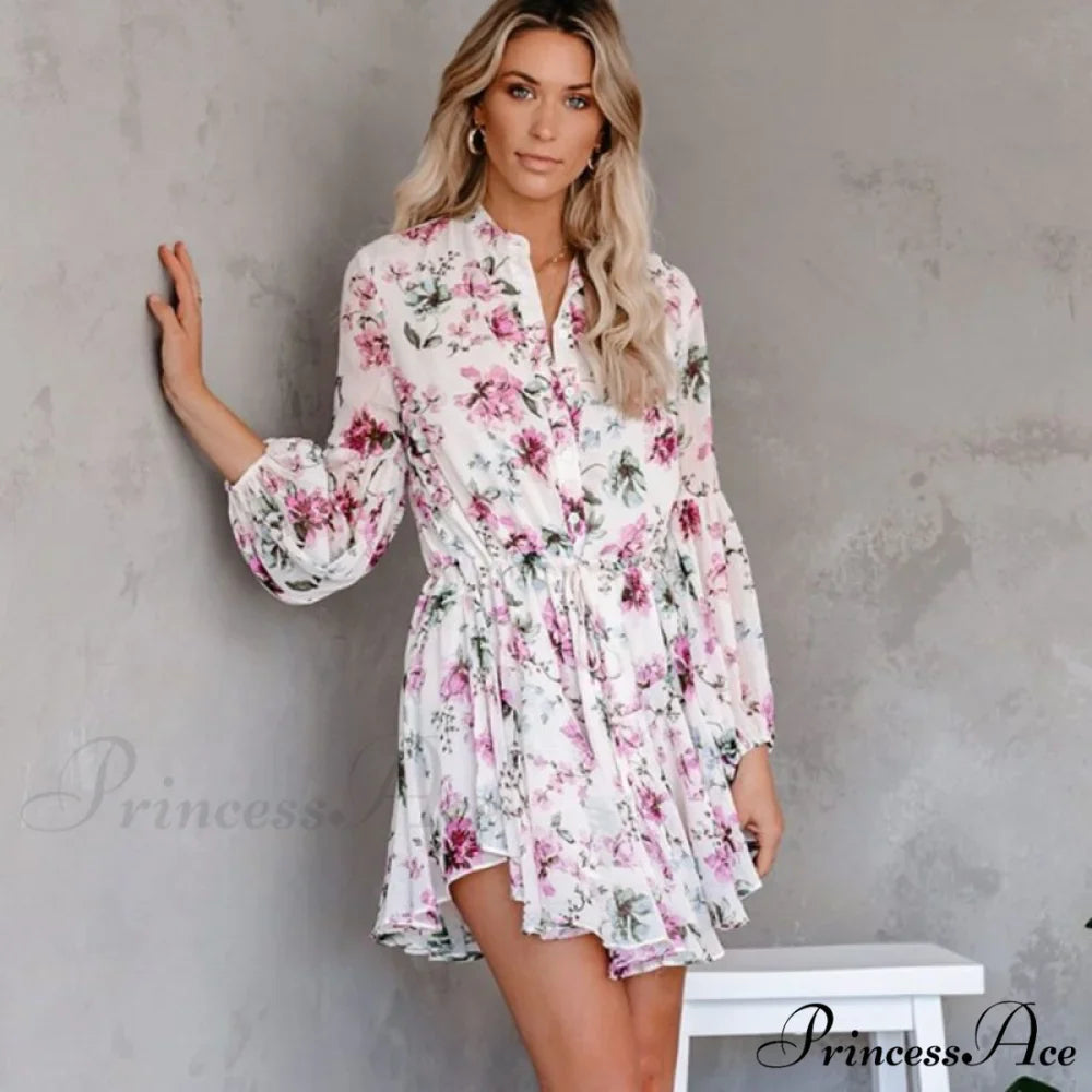 Sexy Printed Neck Tie Button Long Sleeve High Waist Dress