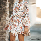 Sexy Printed Neck Tie Button Long Sleeve High Waist Dress