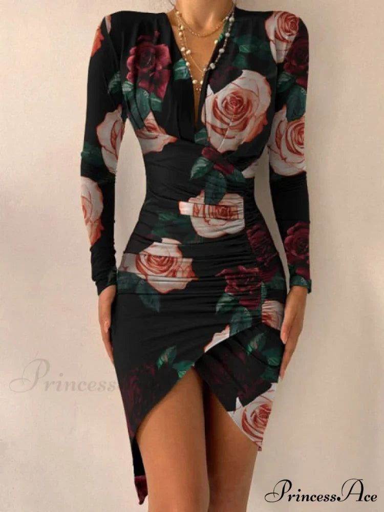 Sexy Puff Lantern Sleeve Plunge Floral Print Dress