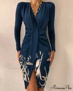 Sexy Puff Lantern Sleeve Plunge Floral Print Dress